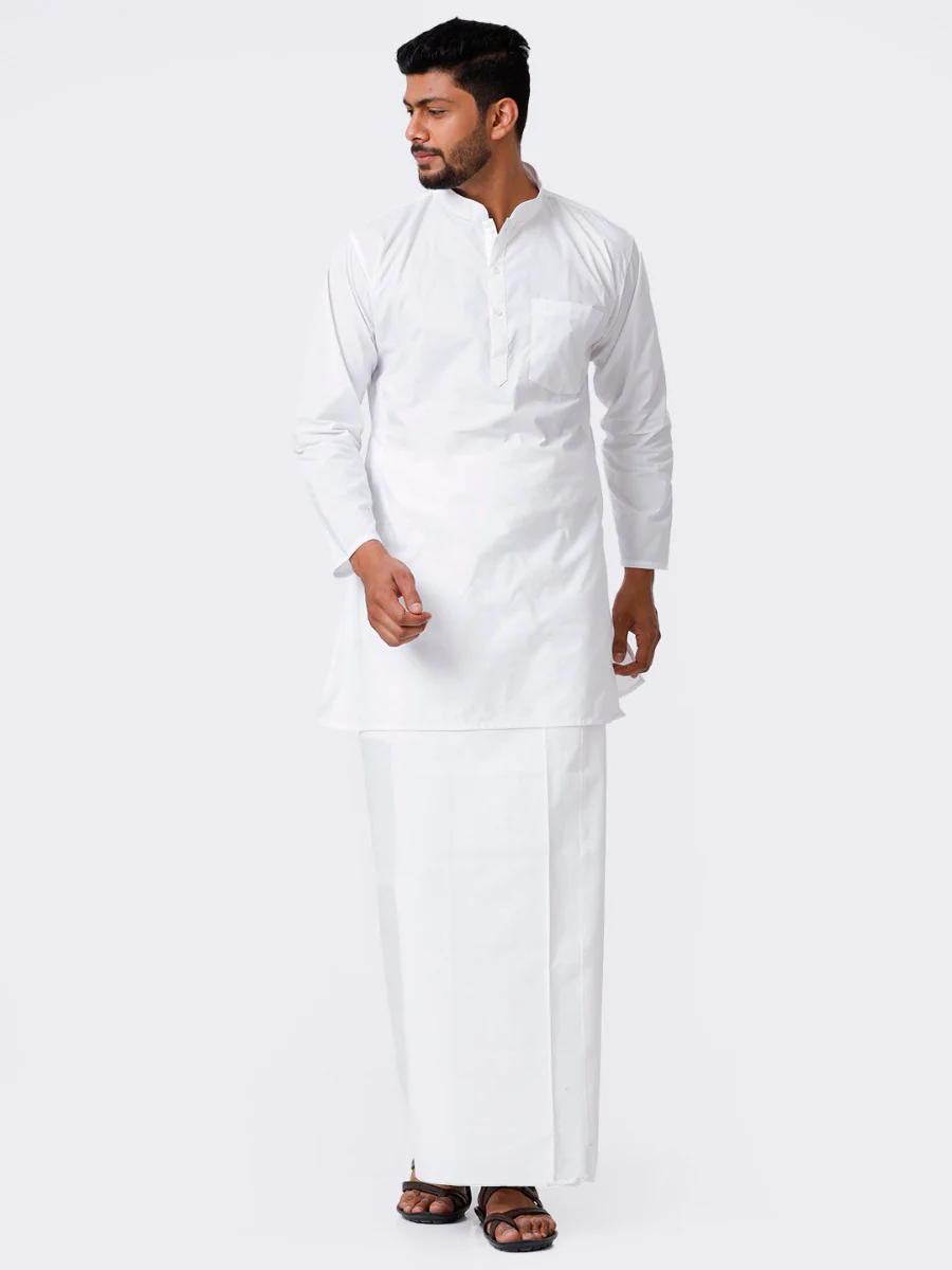 Men Full Sleeves White Medium Kurta with Stitched Prayer Dhoti Combo Al Mashoor - Image 2