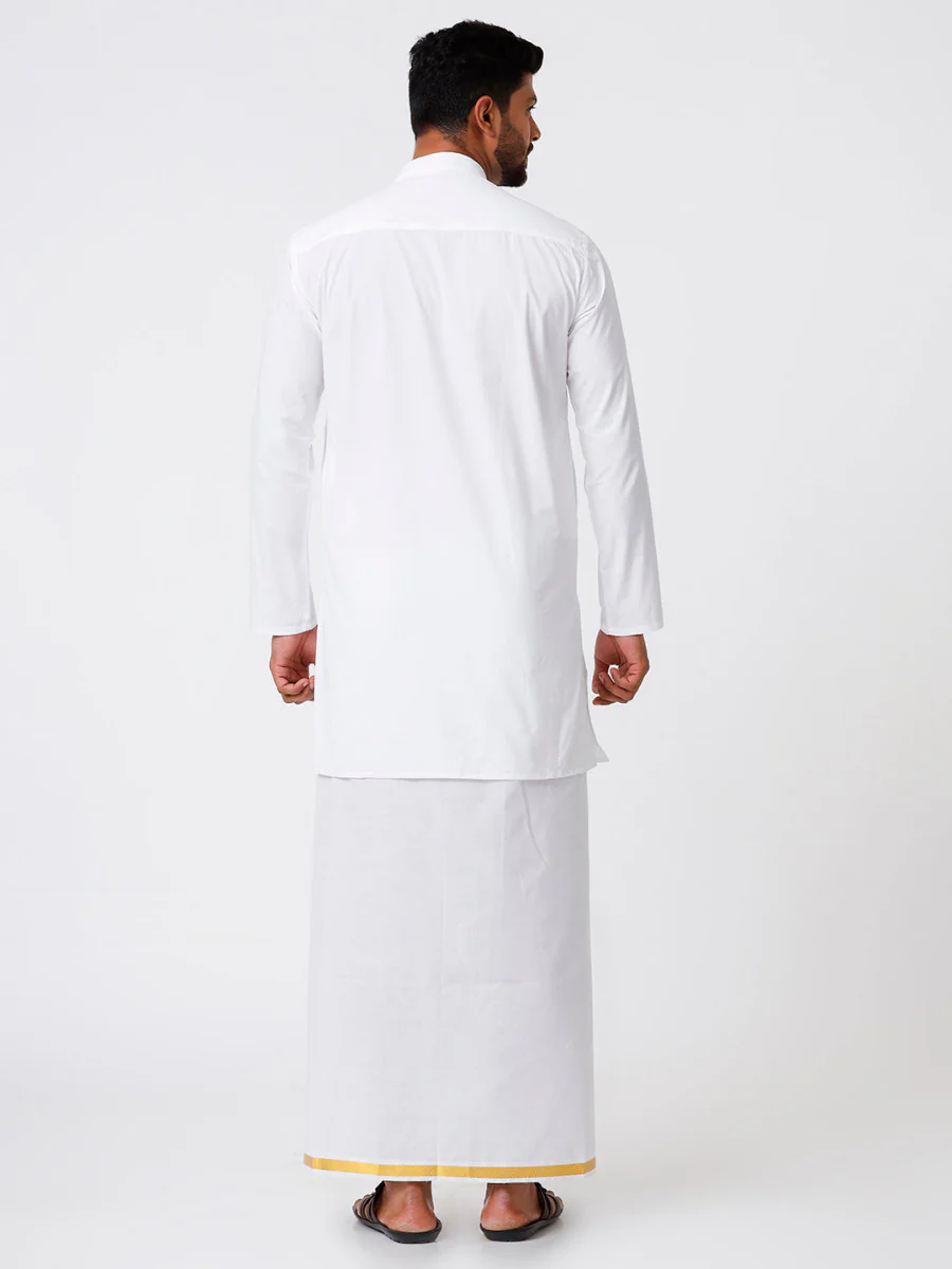 Men Full Sleeves White Medium Length Kurta with 3/4" inch Gold Jari Dhoti Combo - Image 4