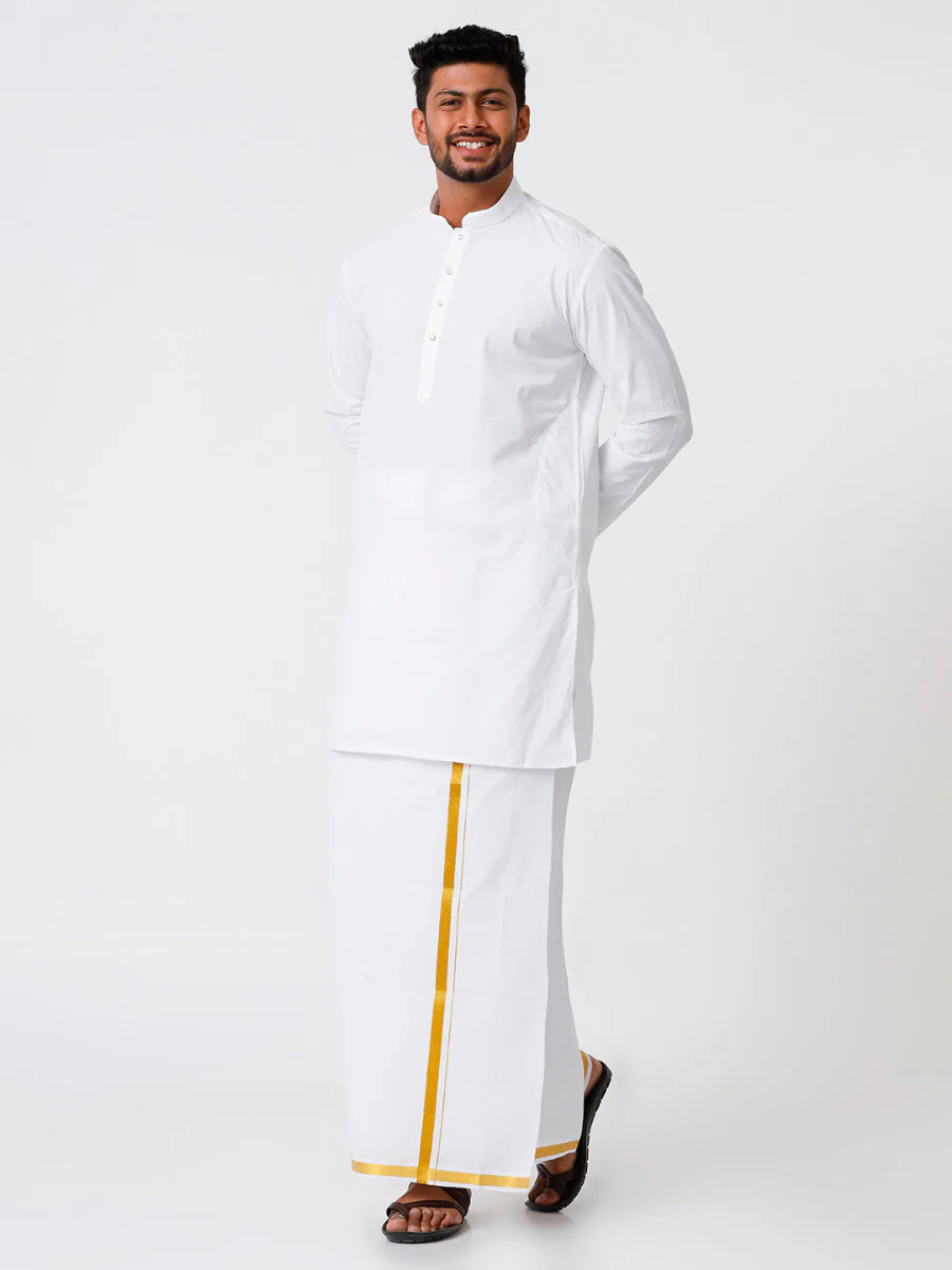 Men Full Sleeves White Medium Length Kurta with 3/4" inch Gold Jari Dhoti Combo - Image 5
