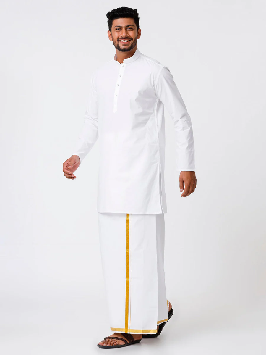 Men Full Sleeves White Medium Length Kurta with 3/4" inch Gold Jari Dhoti Combo - Image 6