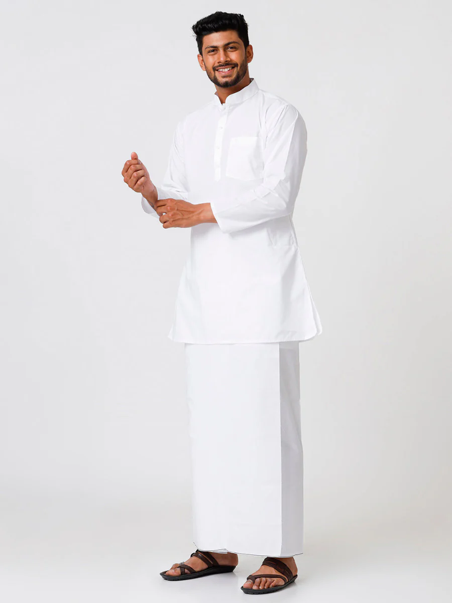 Men Full Sleeves White Medium Length Kurta with Prayer Dhoti Combo