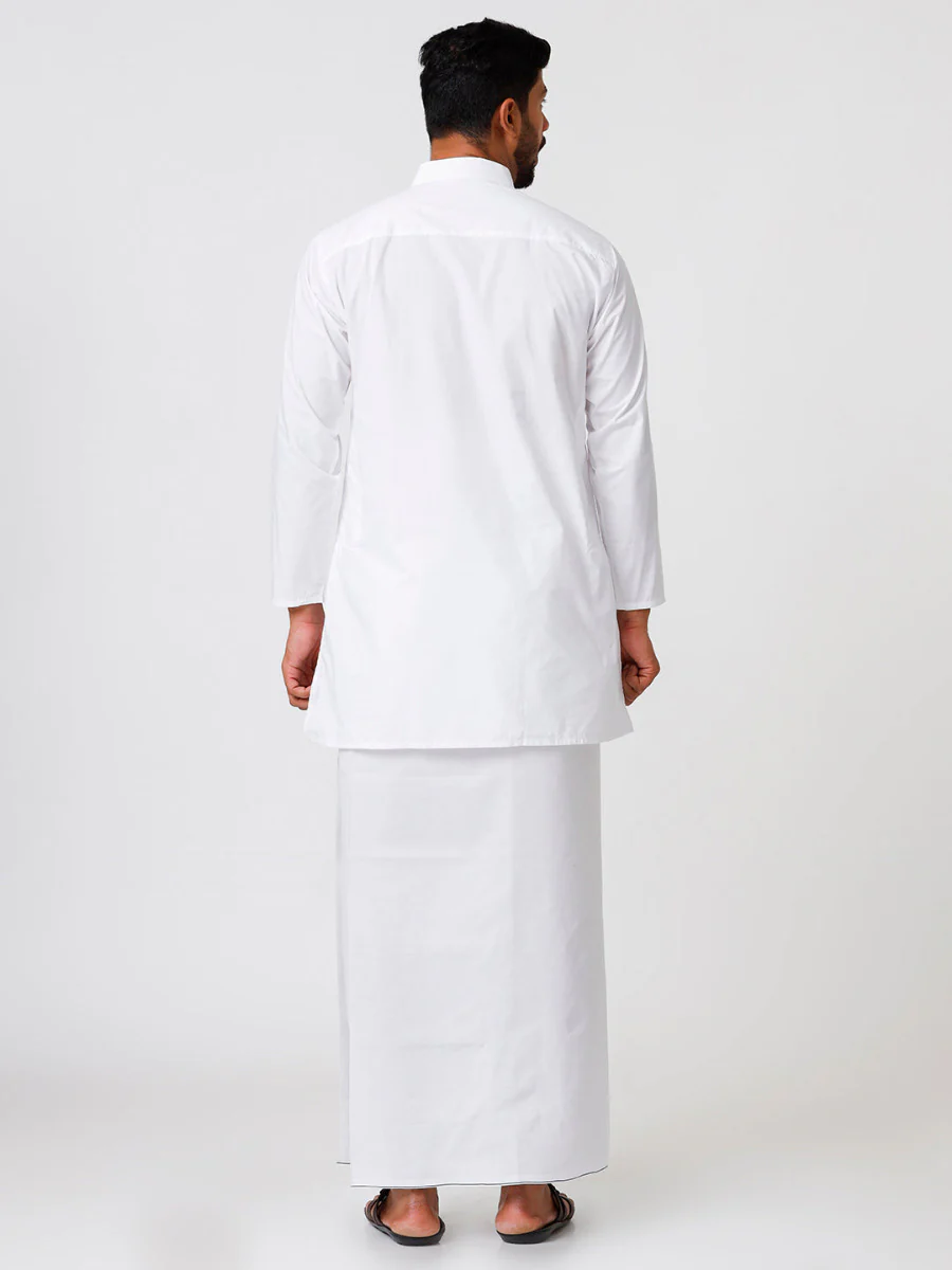 Men Full Sleeves White Medium Length Kurta with Prayer Dhoti Combo - Image 4