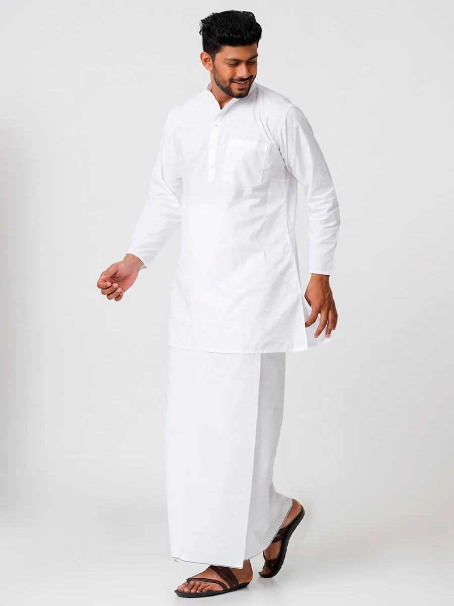 Men Full Sleeves White Medium Length Kurta with Prayer Dhoti Combo - Image 5