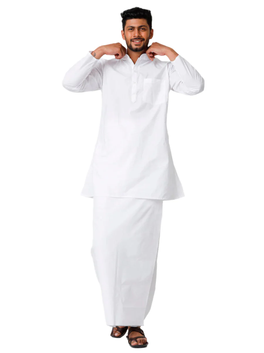 Men Full Sleeves White Medium Length Kurta with Prayer Dhoti Combo - Image 6