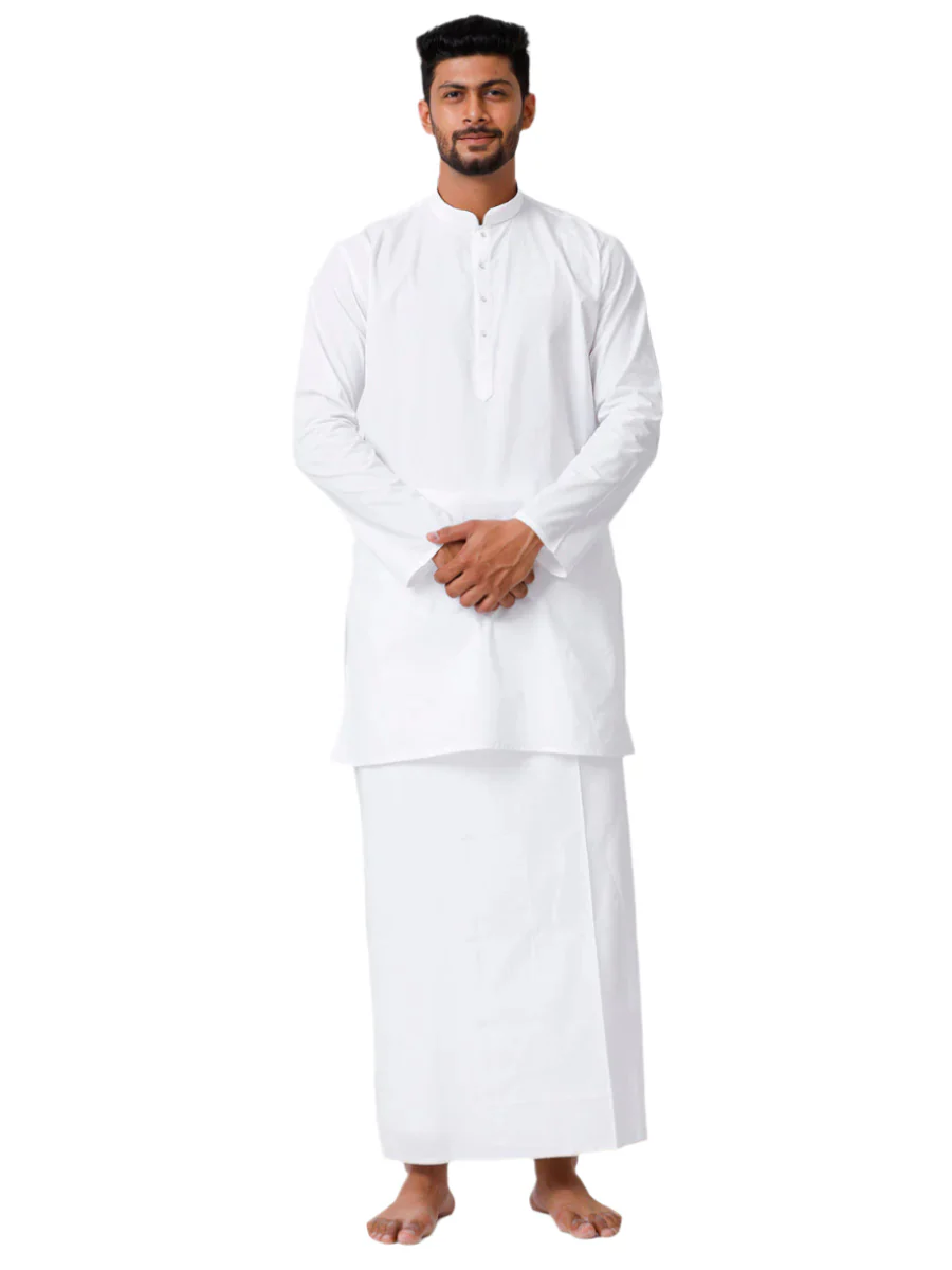 Men Full Sleeves White Medium Length Kurta with Stitched Prayer Dhoti Combo