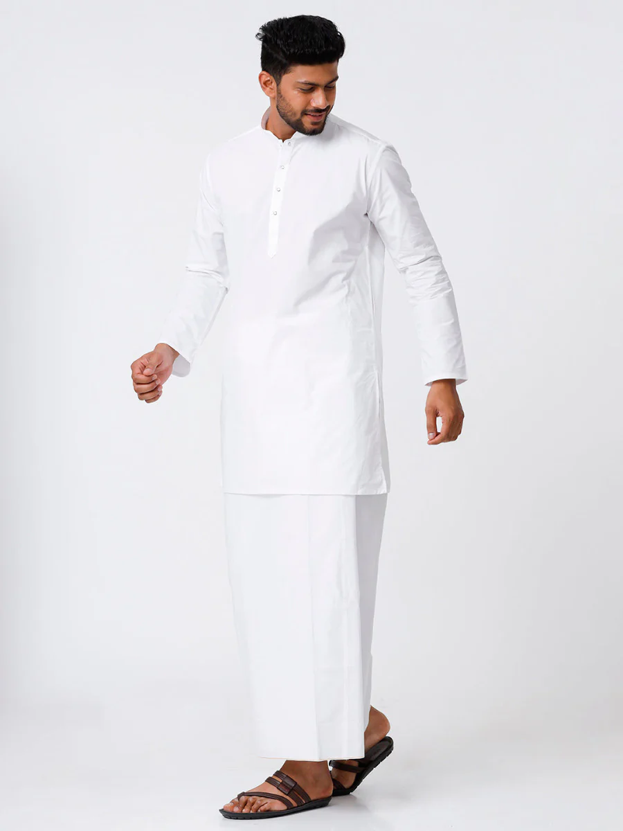 Men Full Sleeves White Medium Length Kurta with Stitched Prayer Dhoti Combo - Image 2