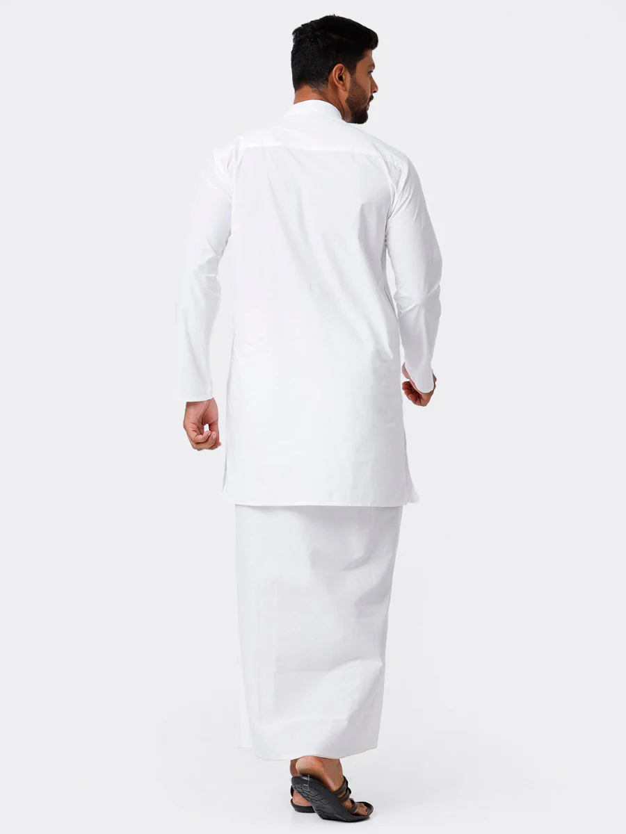 Men Full Sleeves White Medium Length Kurta with Stitched Prayer Dhoti Combo - Image 3