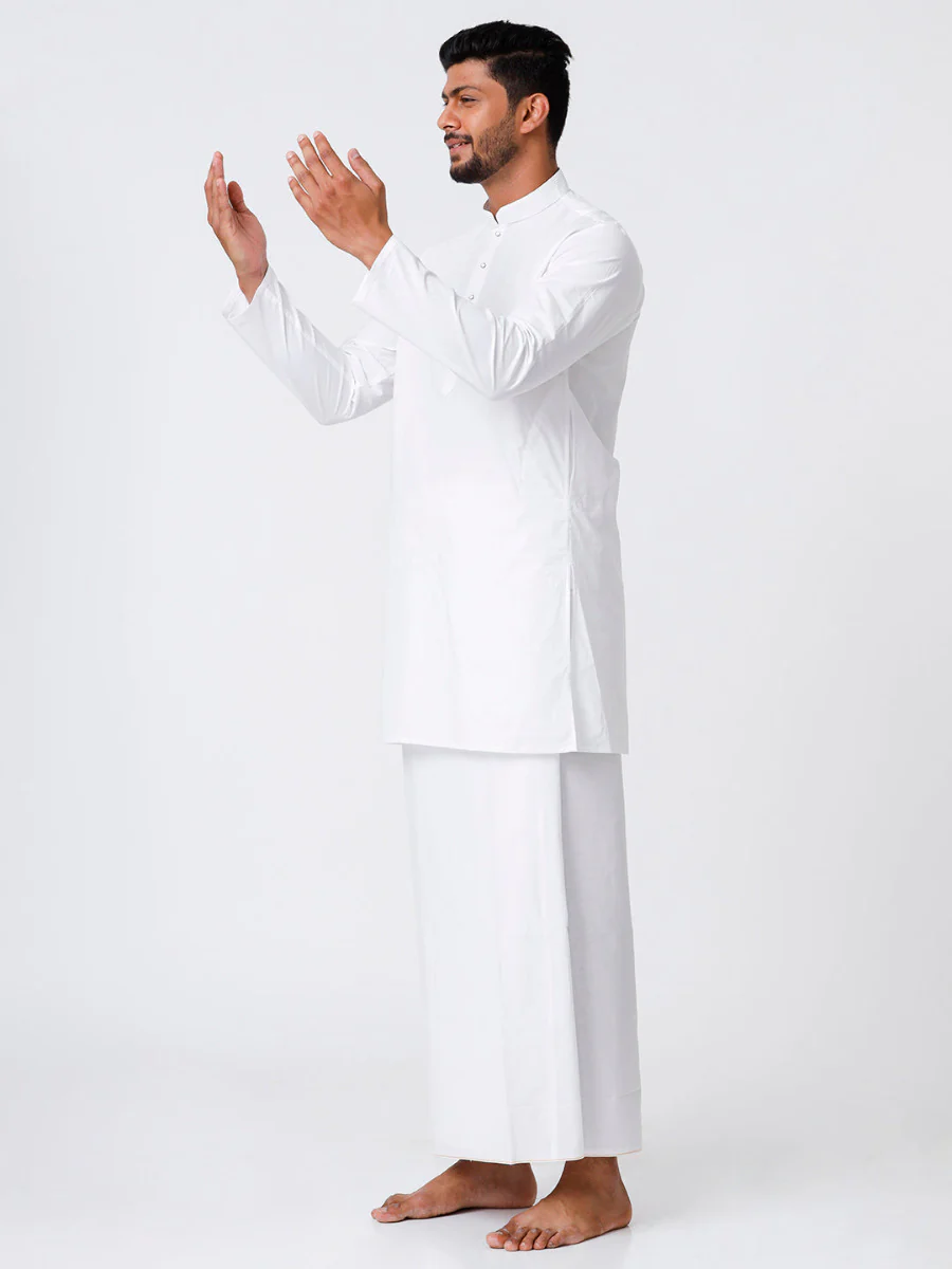Men Full Sleeves White Medium Length Kurta with Stitched Prayer Dhoti Combo - Image 4