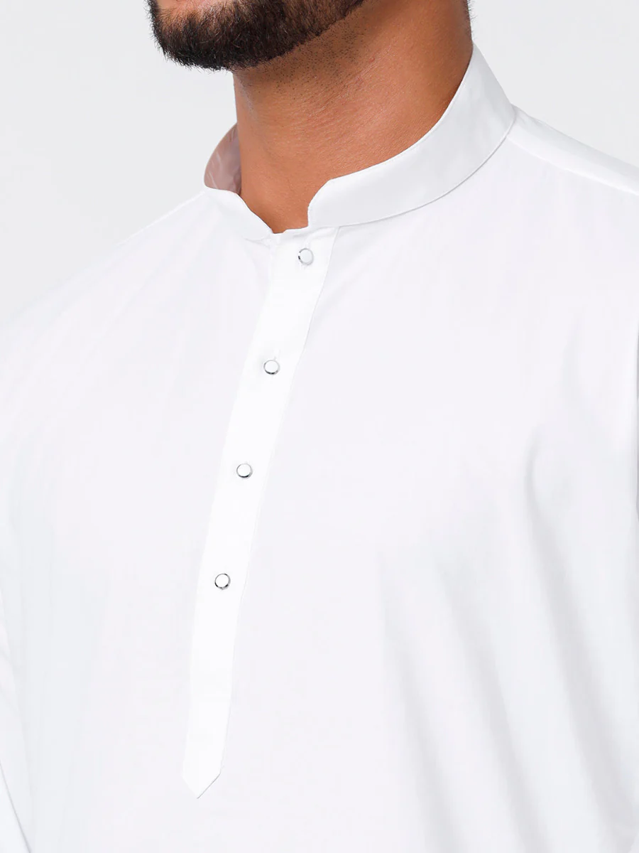 Men Full Sleeves White Medium Length Kurta with Stitched Prayer Dhoti Combo - Image 5
