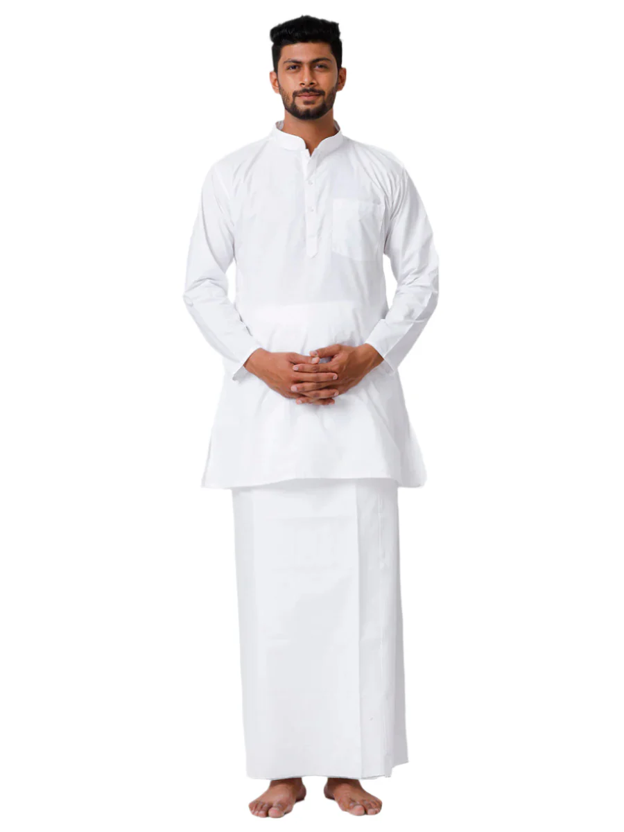 Men Full Sleeves White Medium Length Kurta with Stitched Prayer Dhoti Combo