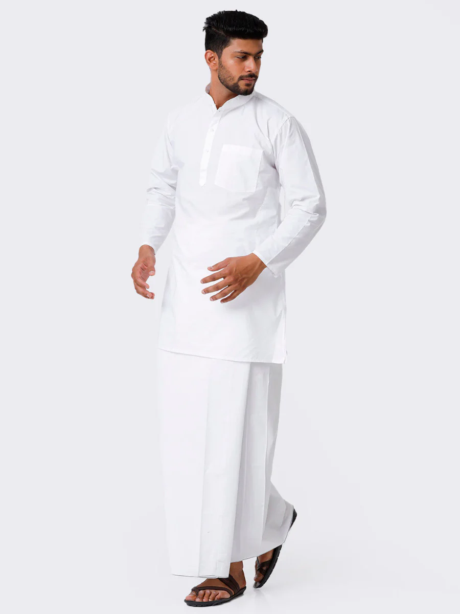 Men Full Sleeves White Medium Length Kurta with Stitched Prayer Dhoti Combo - Image 2