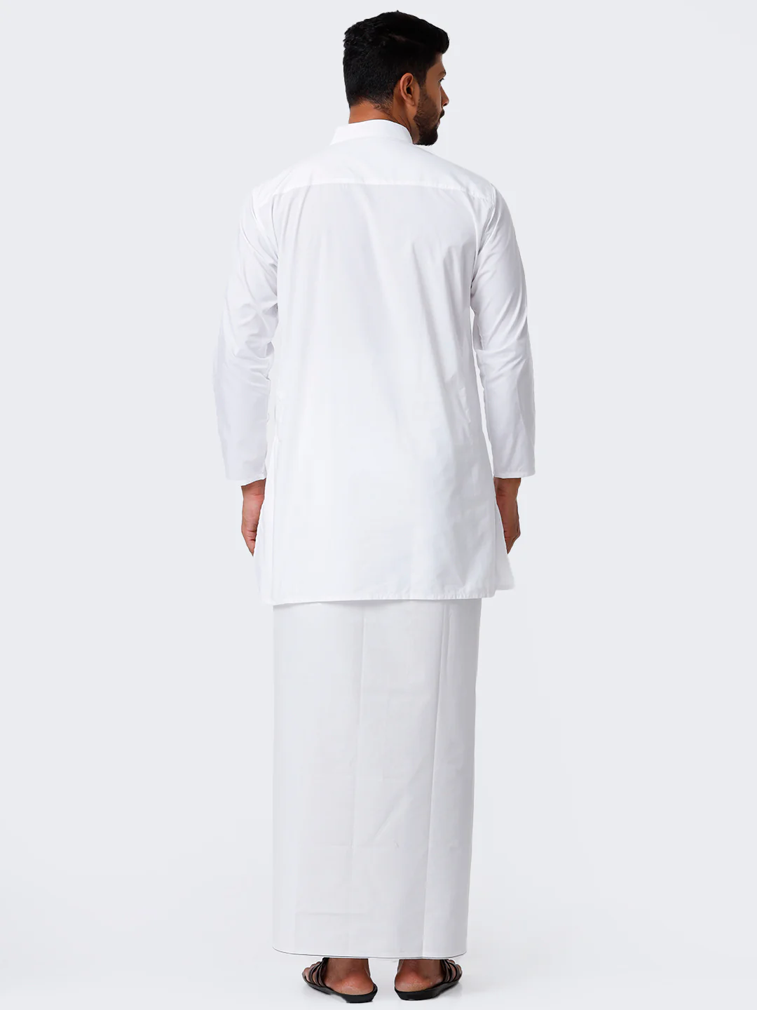 Men Full Sleeves White Medium Length Kurta with Stitched Prayer Dhoti Combo - Image 4
