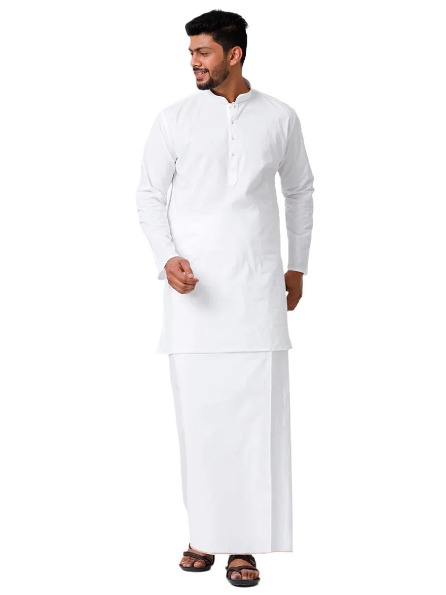 Men Full Sleeves White Medium Length Kurta with Stitched Prayer Dhoti Combo Al Madinaa - Image 2