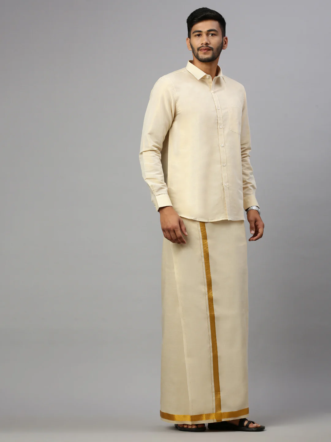 Men Gold Tissue Full Sleeves Shirt with Readymade Dhoti Combo