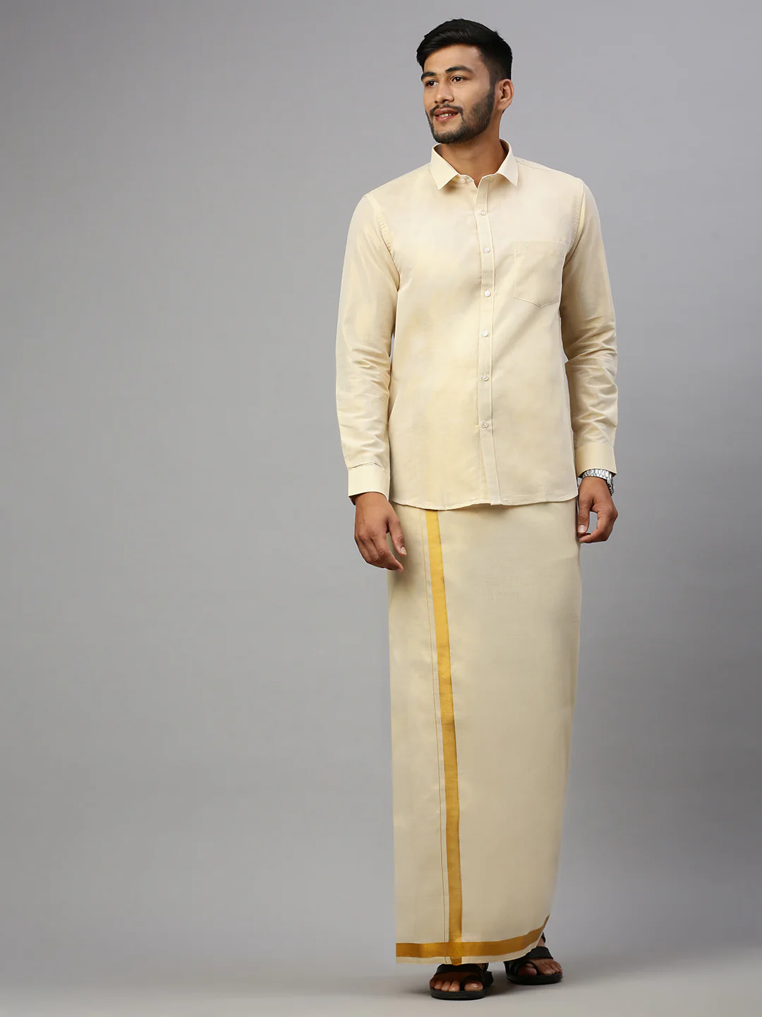 Men Gold Tissue Full Sleeves Shirt with Readymade Dhoti Combo - Image 3