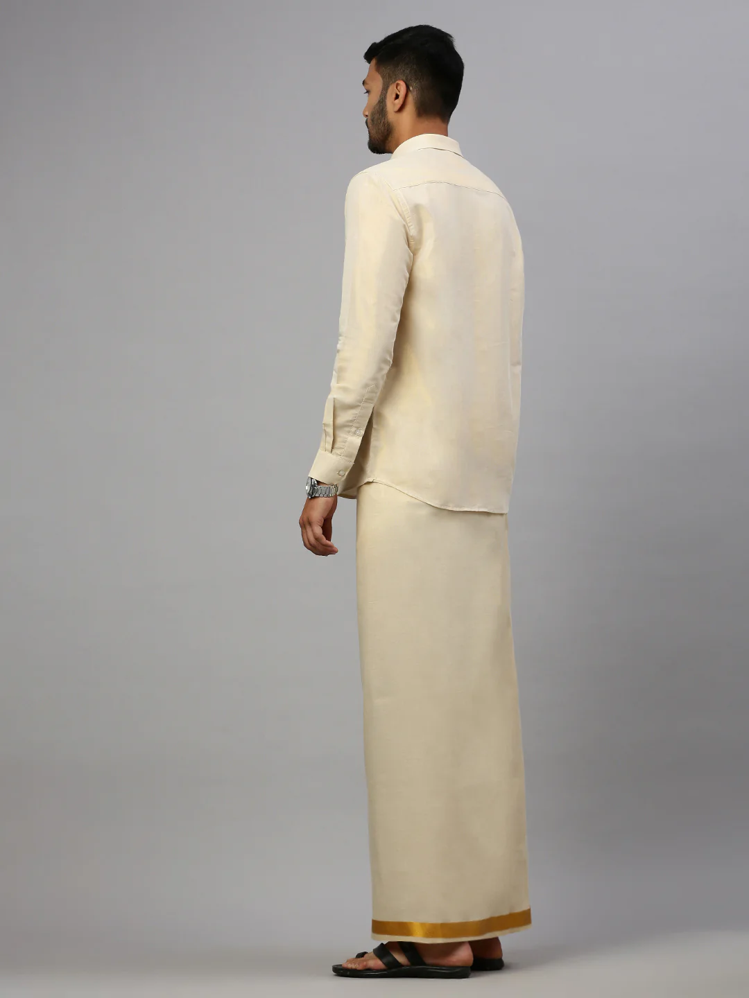 Men Gold Tissue Full Sleeves Shirt with Readymade Dhoti Combo - Image 4