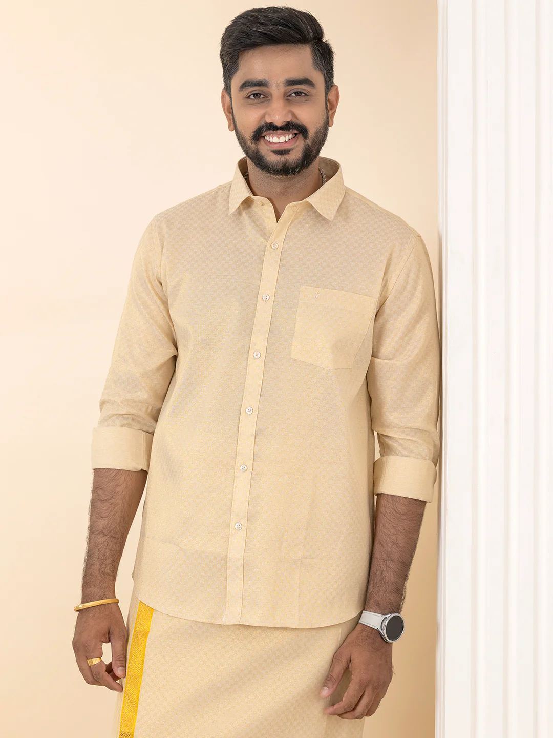Men Gold Tissue Jacquard Full Sleeves Shirt with Matching Dhoti Set GD11 - Image 2