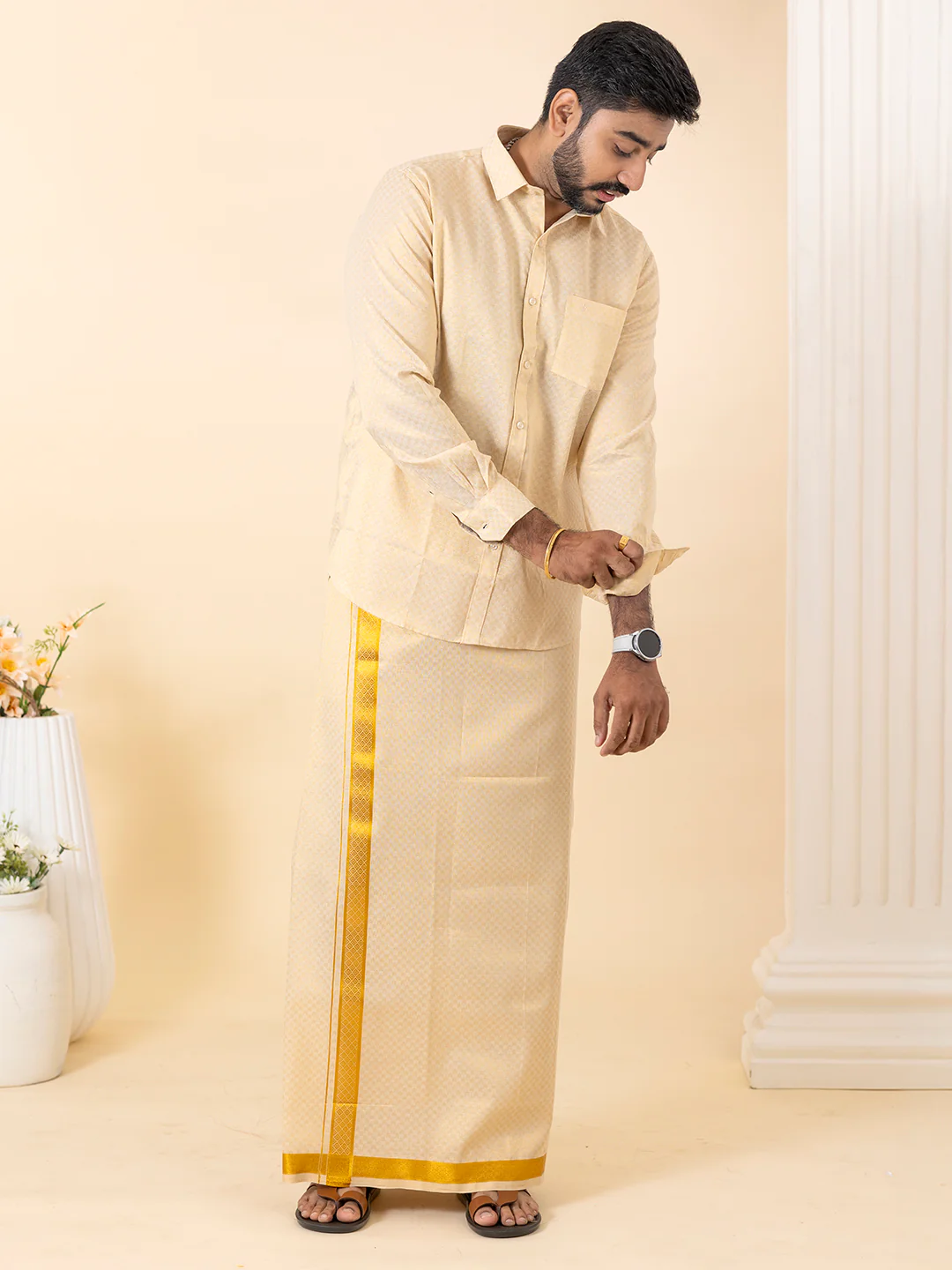 Men Gold Tissue Jacquard Full Sleeves Shirt with Matching Dhoti Set GD11 - Image 3