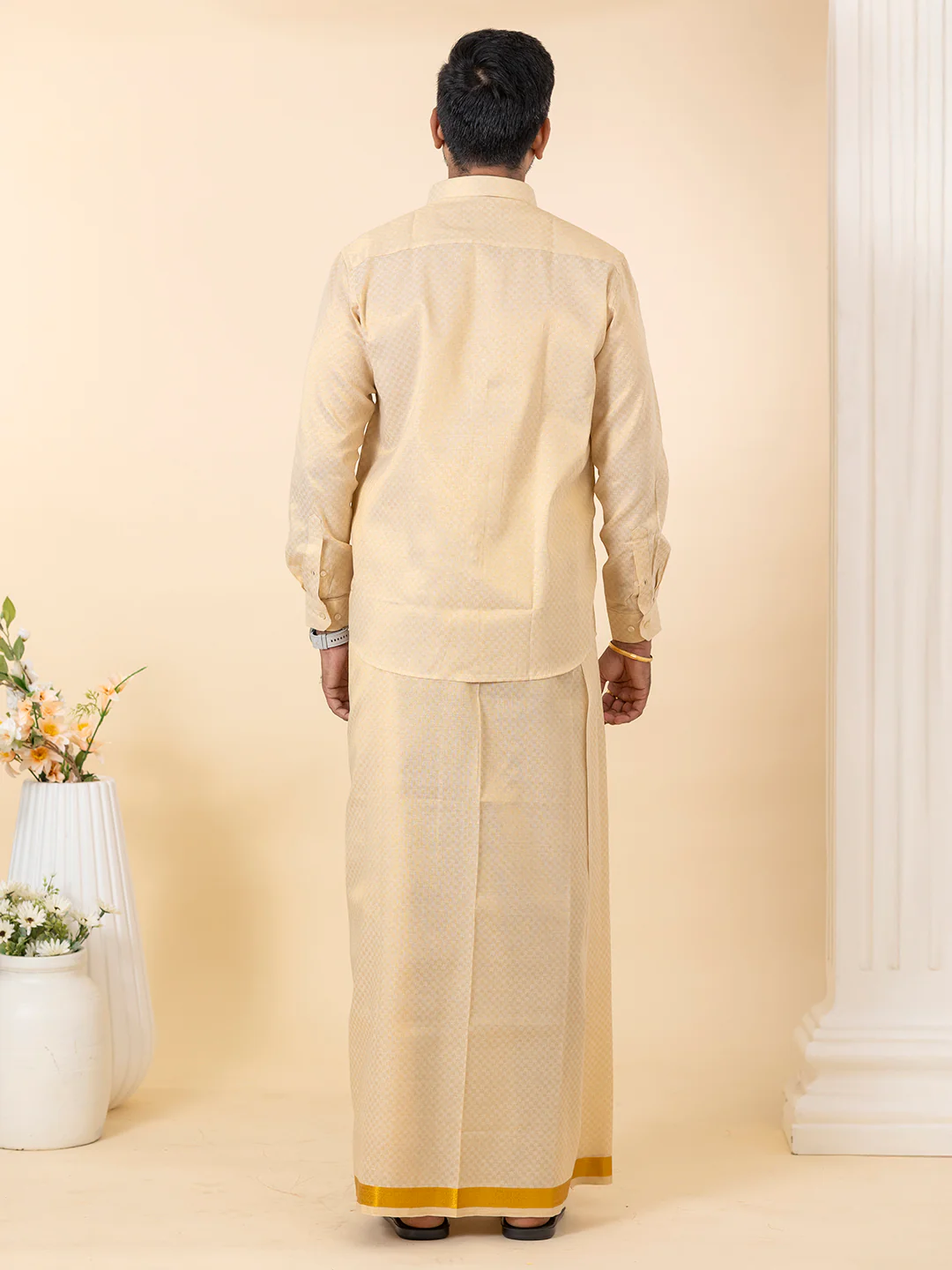 Men Gold Tissue Jacquard Full Sleeves Shirt with Matching Dhoti Set GD11 - Image 4