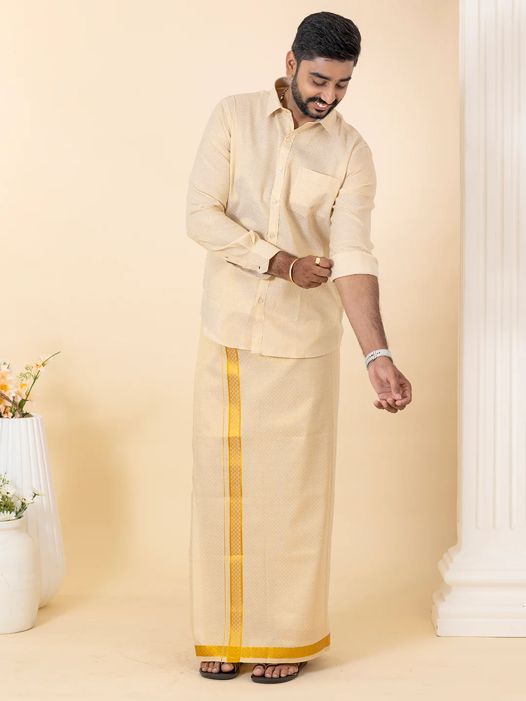 Men Gold Tissue Jacquard Full Sleeves Shirt with Matching Dhoti Set GD12 - Image 2