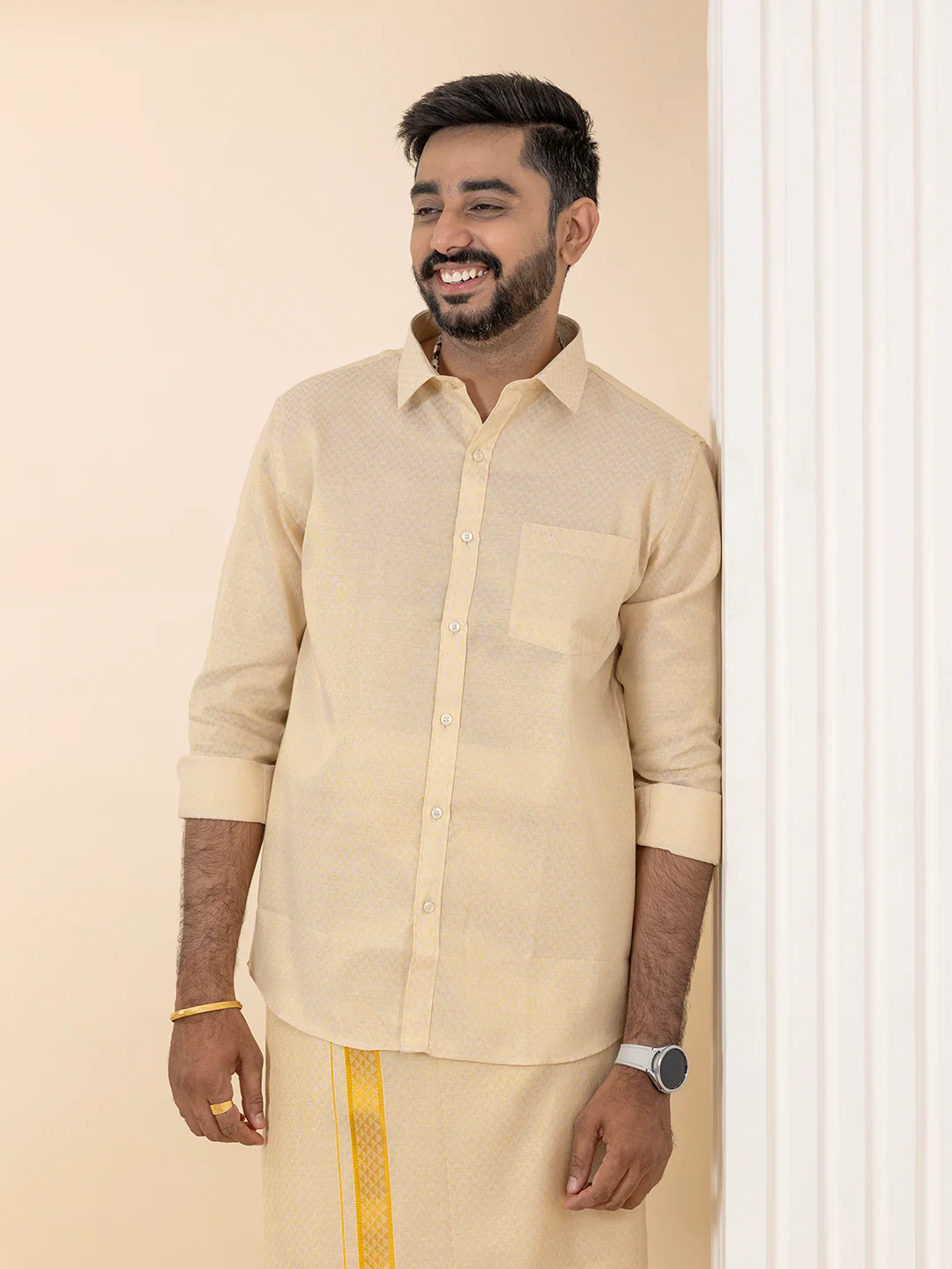 Men Gold Tissue Jacquard Full Sleeves Shirt with Matching Dhoti Set GD12 - Image 3