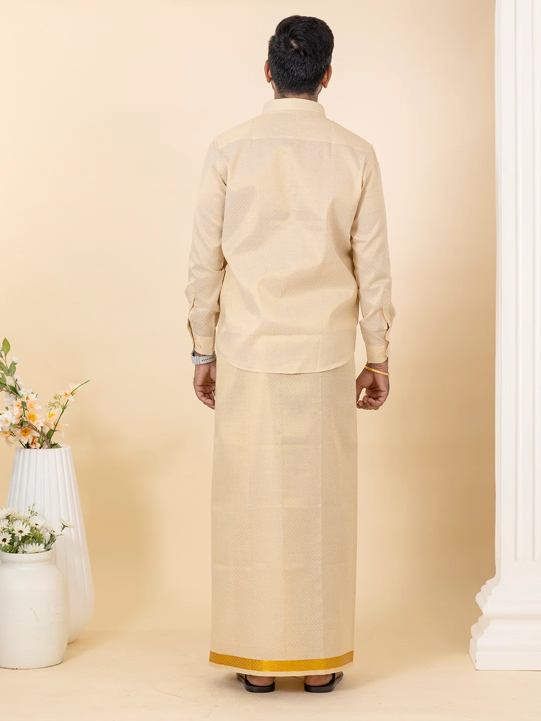 Men Gold Tissue Jacquard Full Sleeves Shirt with Matching Dhoti Set GD12 - Image 4