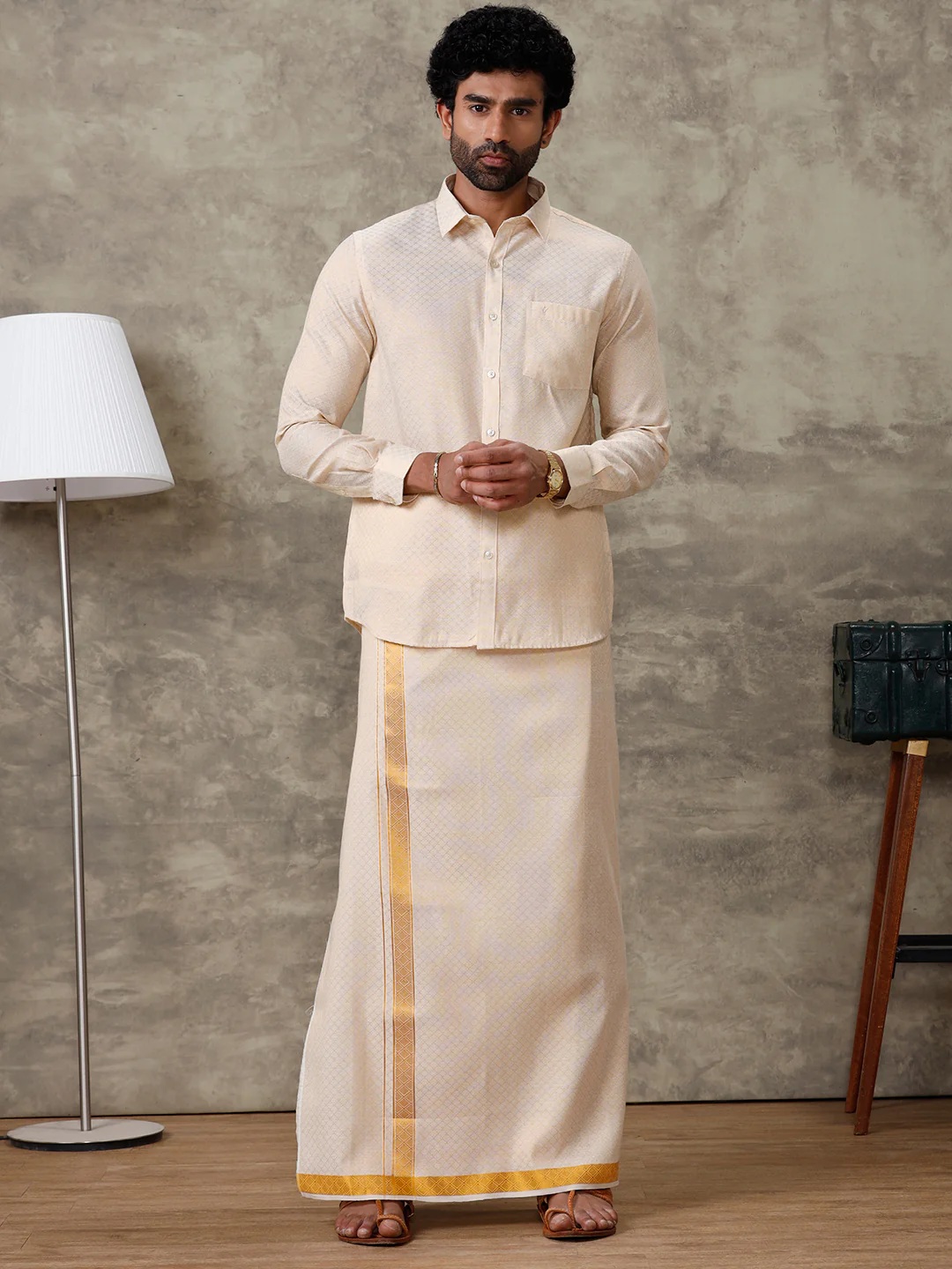 Men Gold Tissue Jacquard Full Sleeves Shirt with Matching Dhoti Set GD13 - Image 2