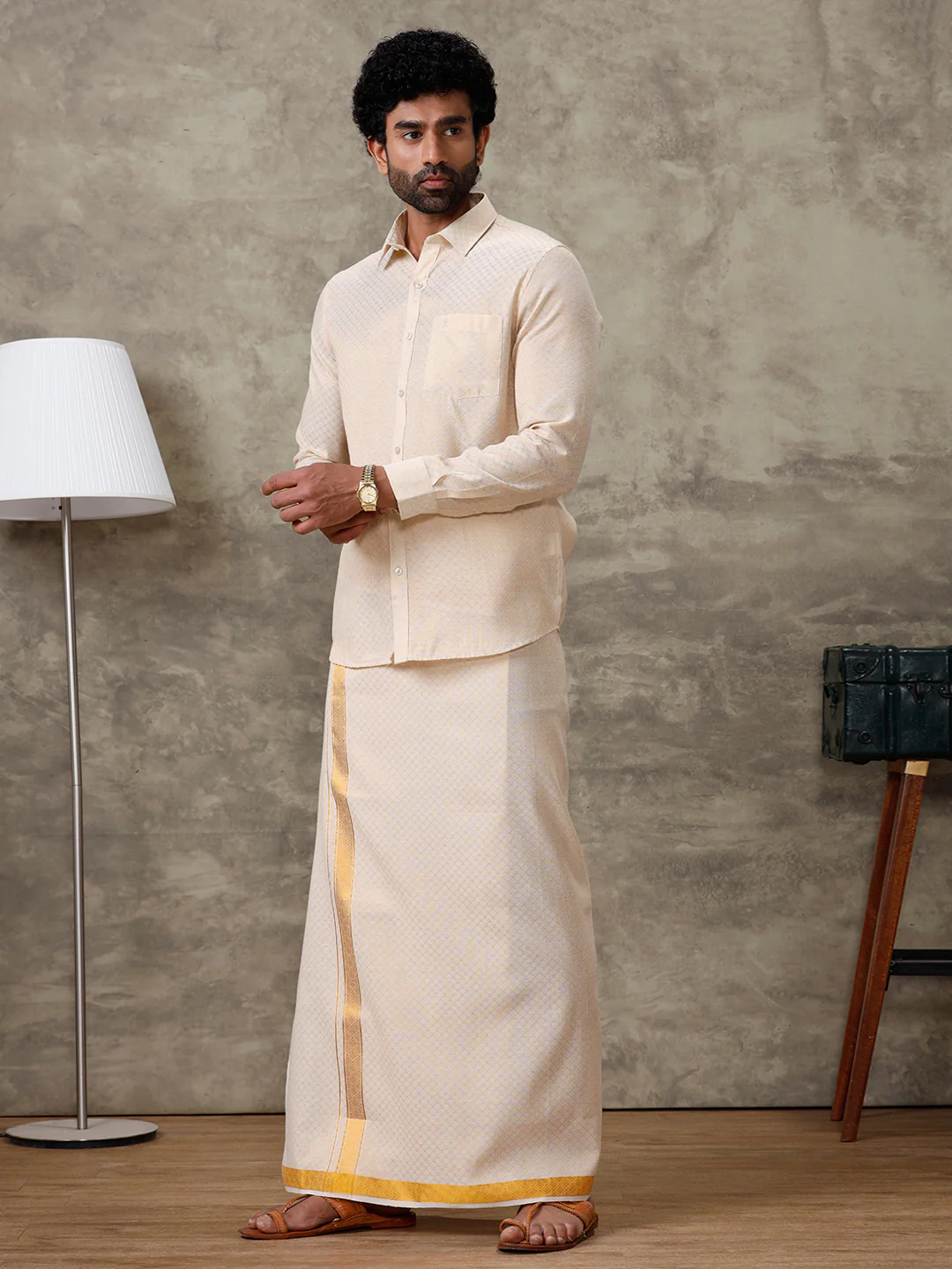 Men Gold Tissue Jacquard Full Sleeves Shirt with Matching Dhoti Set GD13 - Image 3