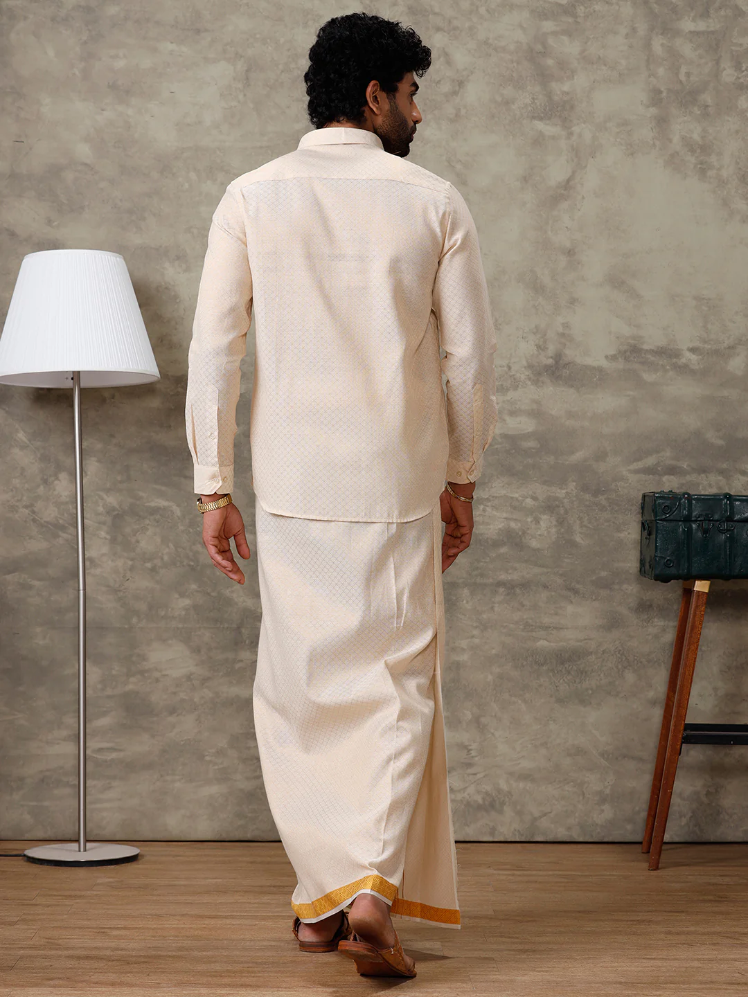Men Gold Tissue Jacquard Full Sleeves Shirt with Matching Dhoti Set GD13 - Image 4