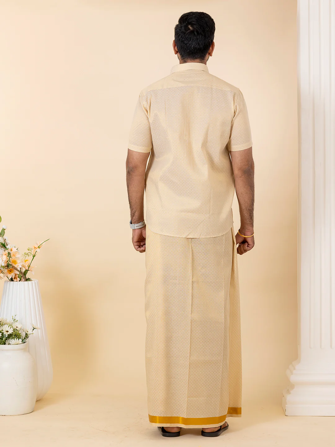 Men Gold Tissue Jacquard Half Sleeves Shirt with Matching Dhoti Set GD11 - Image 3