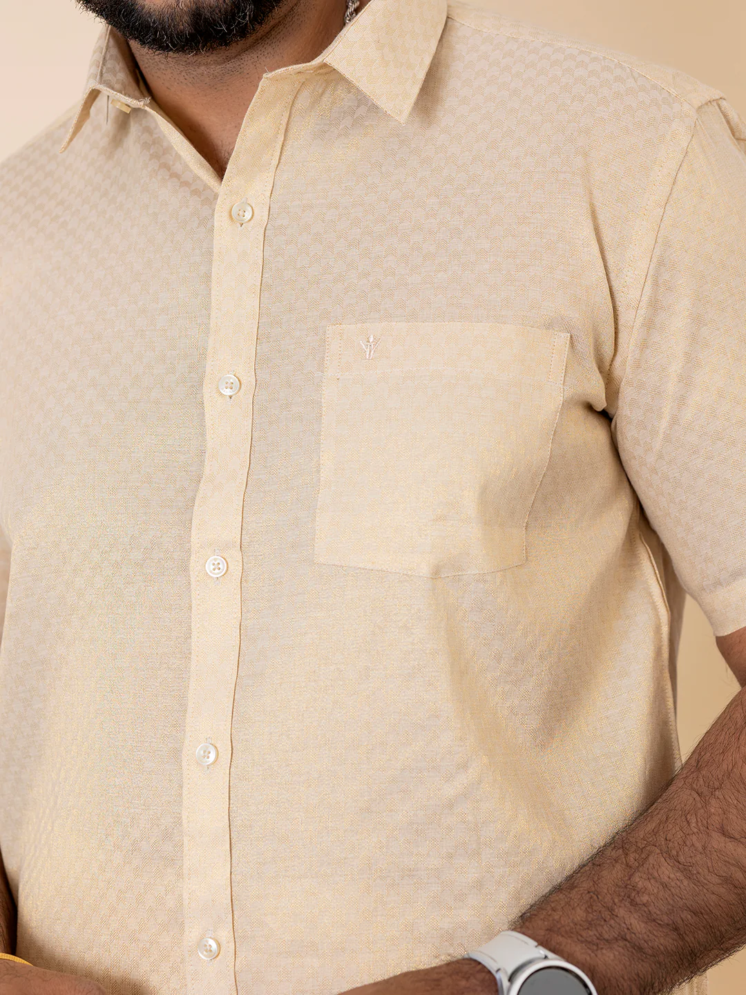 Men Gold Tissue Jacquard Half Sleeves Shirt with Matching Dhoti Set GD11 - Image 5