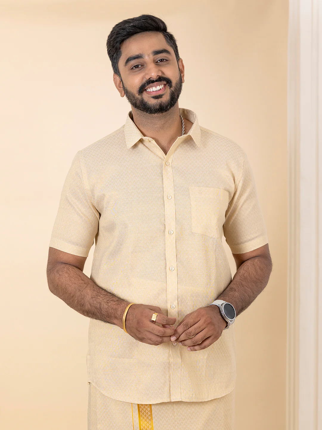Men Gold Tissue Jacquard Half Sleeves Shirt with Matching Dhoti Set GD12 - Image 2