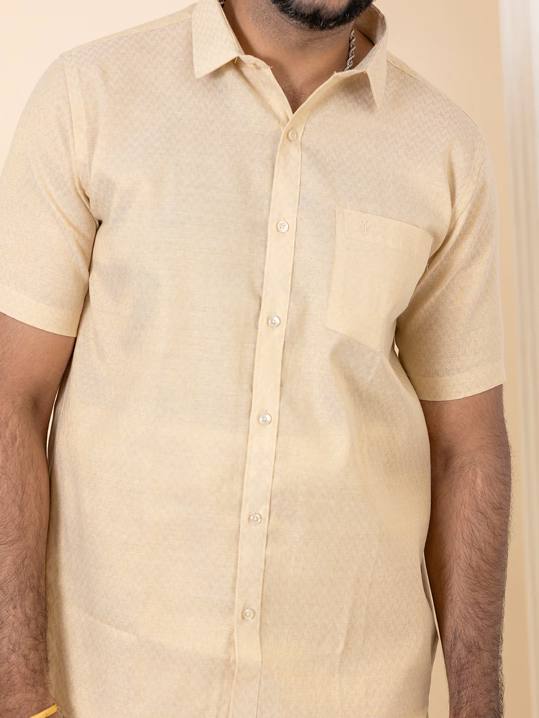 Men Gold Tissue Jacquard Half Sleeves Shirt with Matching Dhoti Set GD12 - Image 3