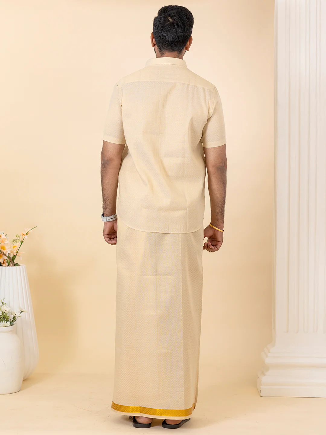 Men Gold Tissue Jacquard Half Sleeves Shirt with Matching Dhoti Set GD12 - Image 4