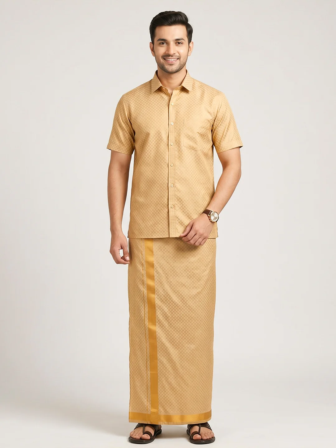 Men Gold Tissue Jacquard Shirt with Matching Dhoti Set GDP3 - Image 2