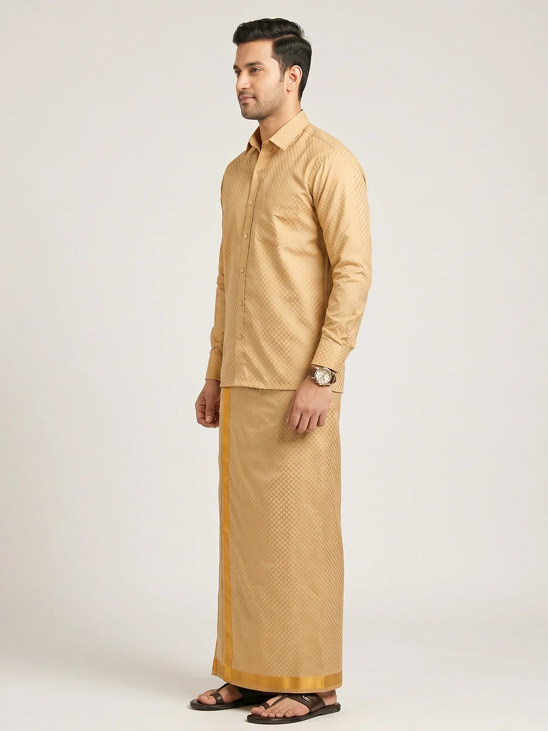 Men Gold Tissue Jacquard Shirt with Matching Dhoti Set GDP3 - Image 3
