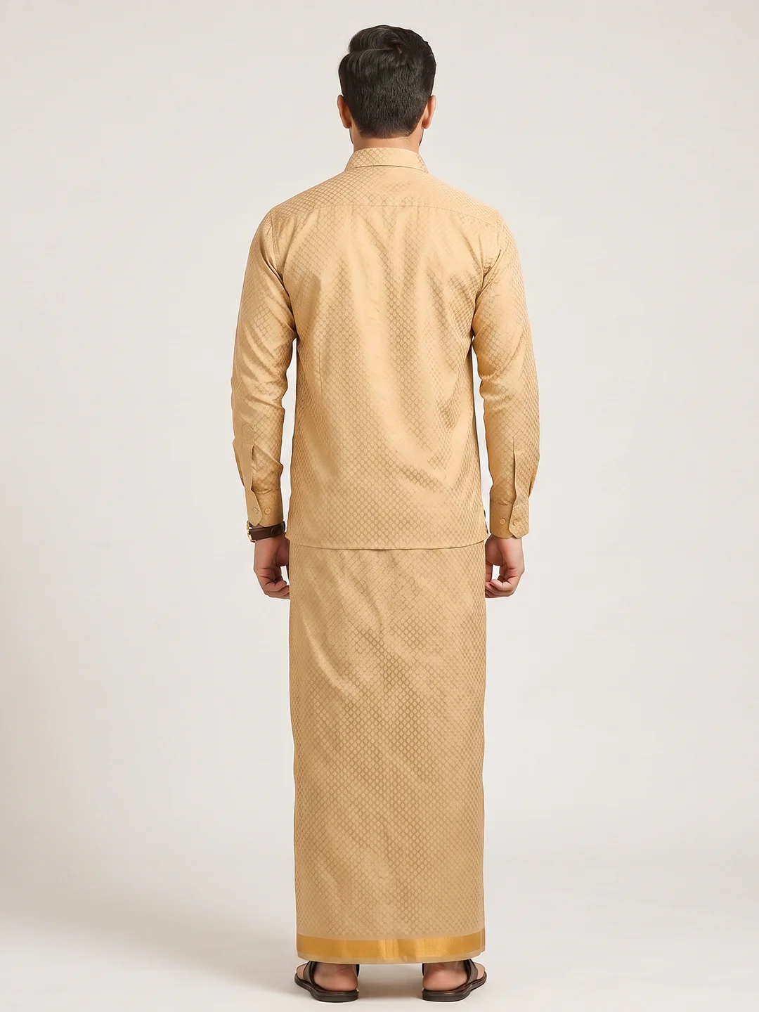 Men Gold Tissue Jacquard Shirt with Matching Dhoti Set GDP3 - Image 5