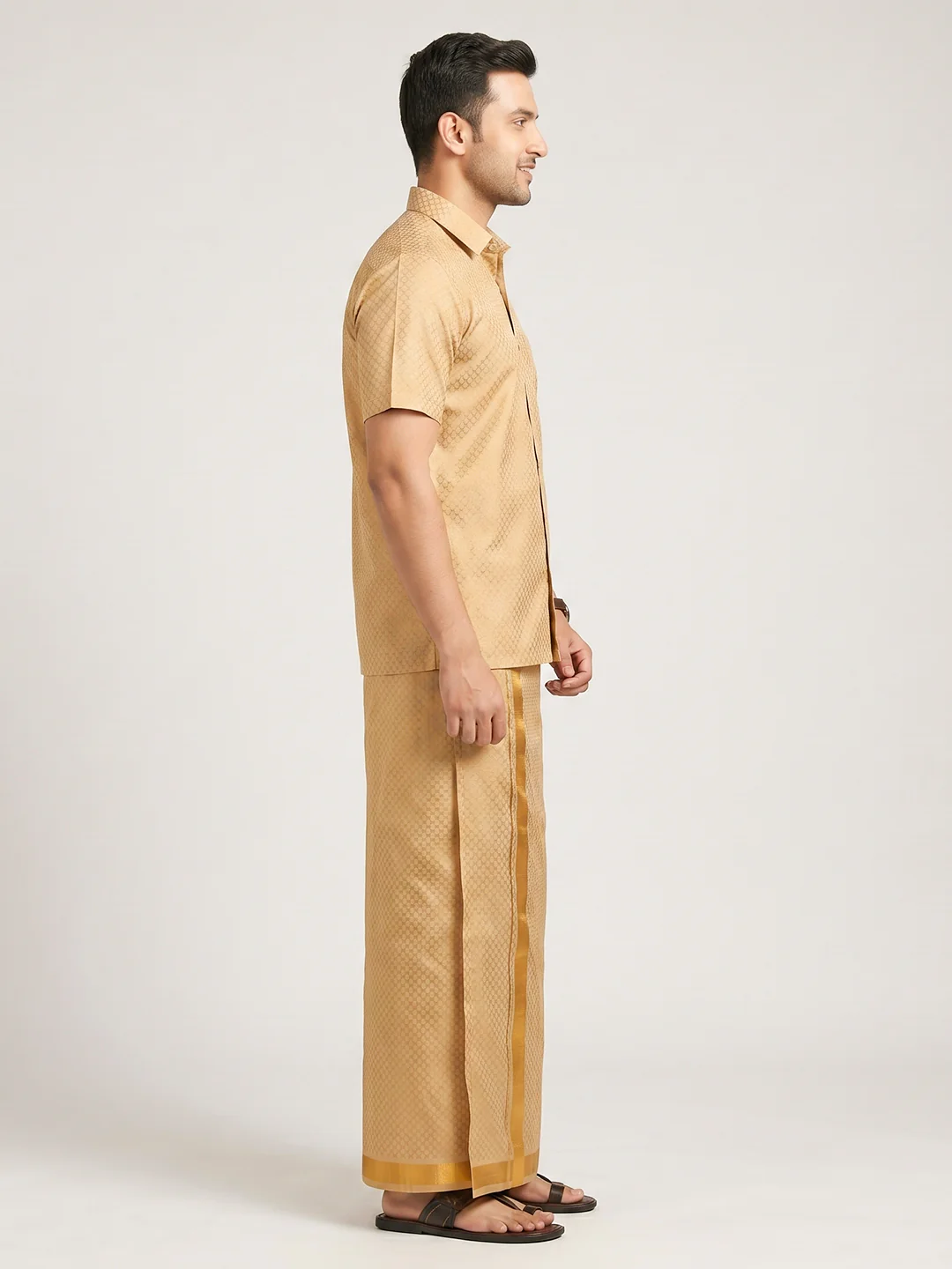 Men Gold Tissue Jacquard Shirt with Matching Dhoti Set GDP3 - Image 6