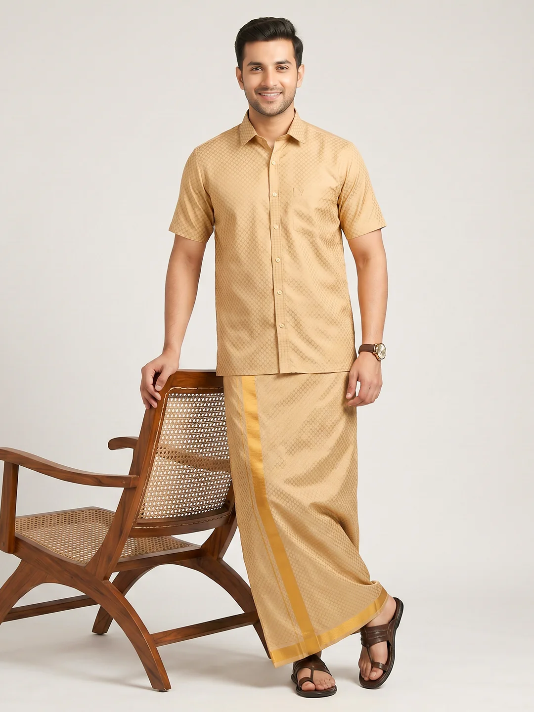 Men Gold Tissue Jacquard Shirt with Matching Dhoti Set GDP3 - Image 8