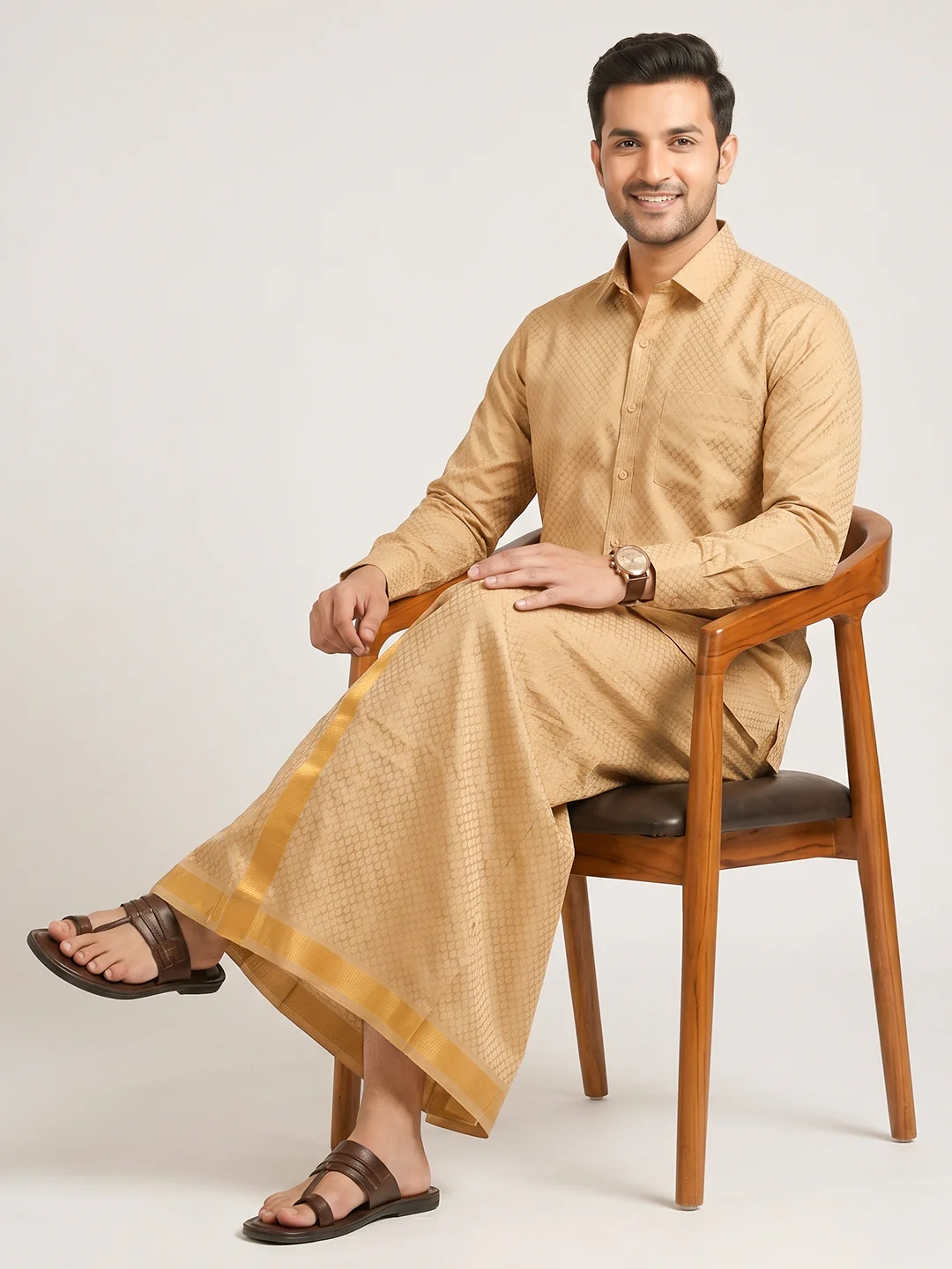 Men Gold Tissue Jacquard Shirt with Matching Dhoti Set GDP3 - Image 9