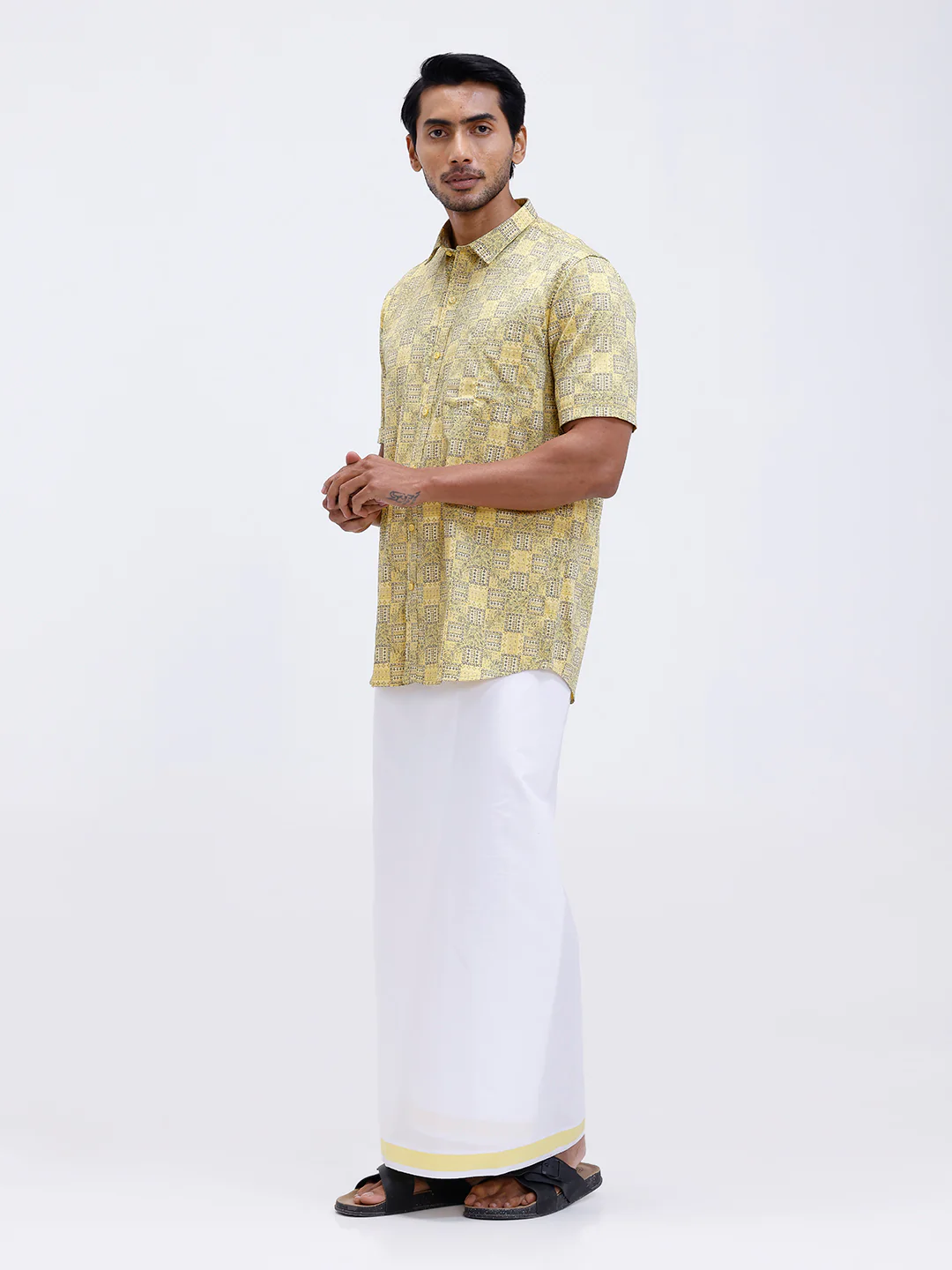 Men Golden Yellow Matching Border Dhoti With Printed Shirt Set Fusion PS14 - Image 4