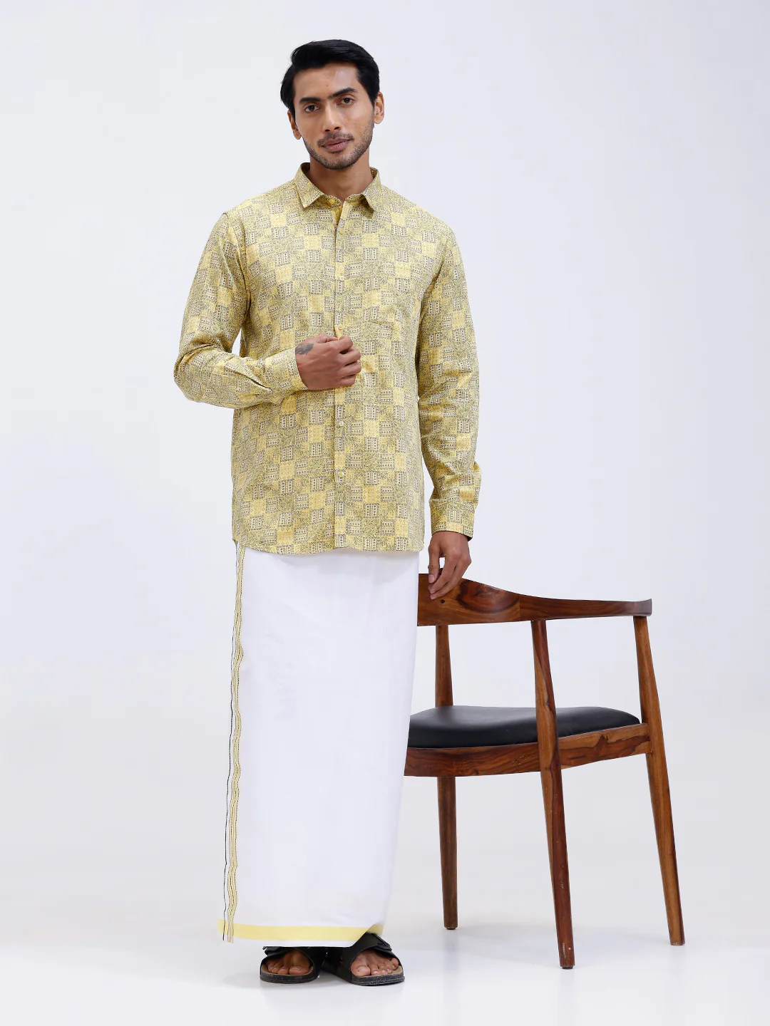 Men Golden Yellow Matching Border Dhoti With Printed Shirt Set Fusion PS14 - Image 7