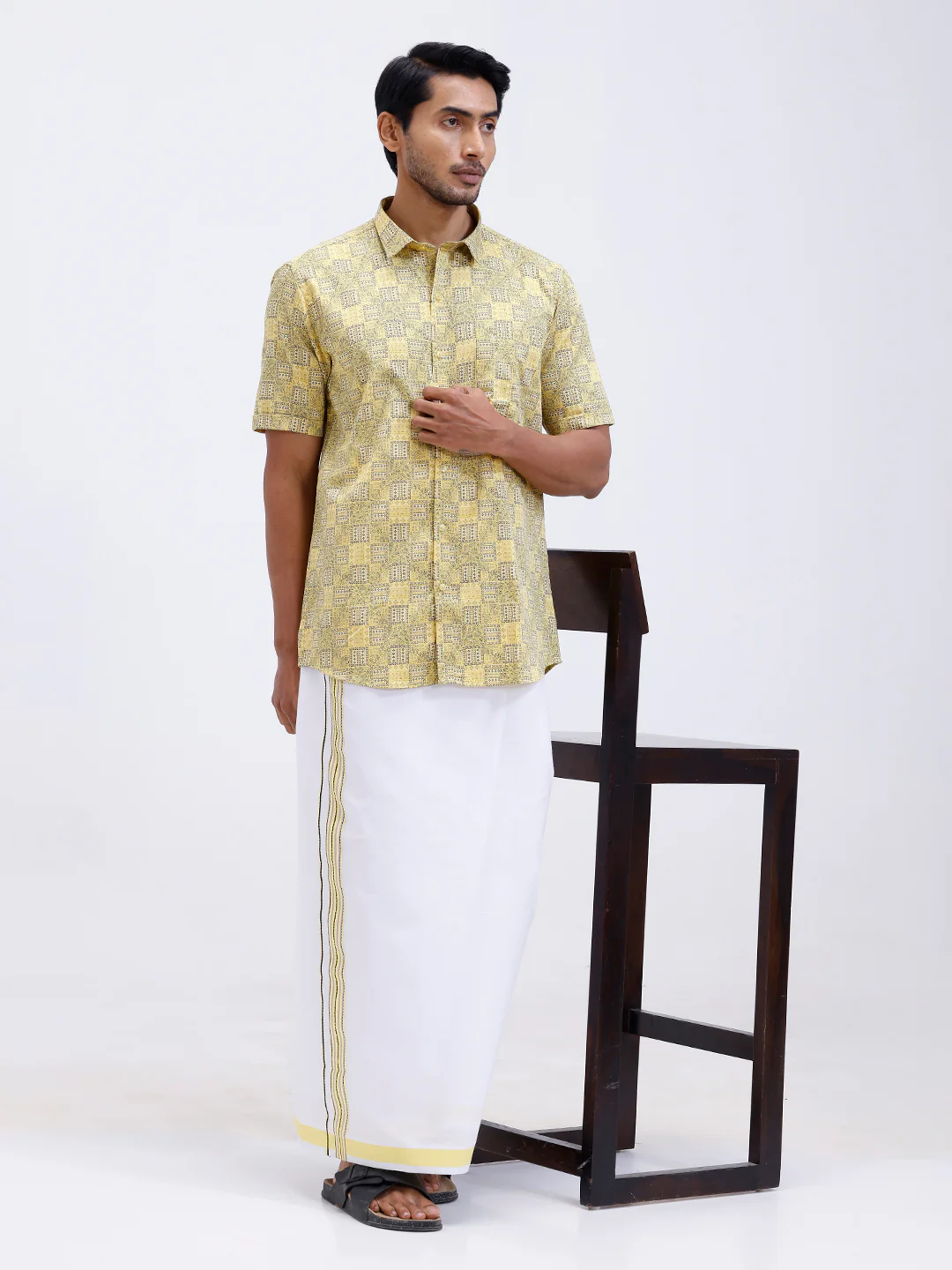 Men Golden Yellow Matching Border Dhoti With Printed Shirt Set Fusion PS14 - Image 8