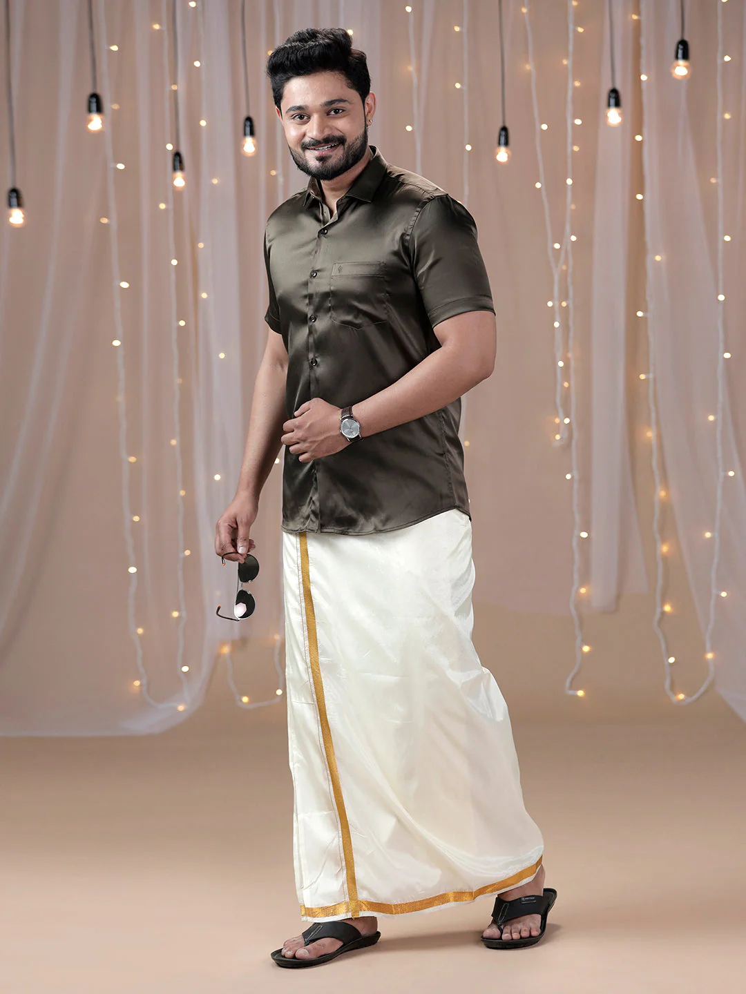 Men Grayish Brown Half Sleeves Shirt with Art Silk Double Layer Dhoti Combo PS10 - Image 2