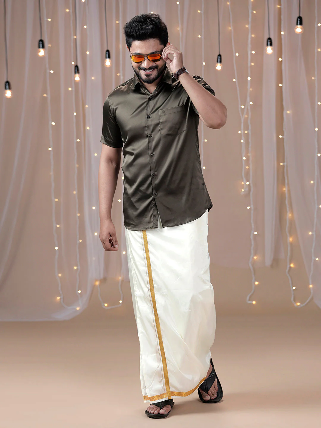 Men Grayish Brown Half Sleeves Shirt with Art Silk Double Layer Dhoti Combo PS10 - Image 3