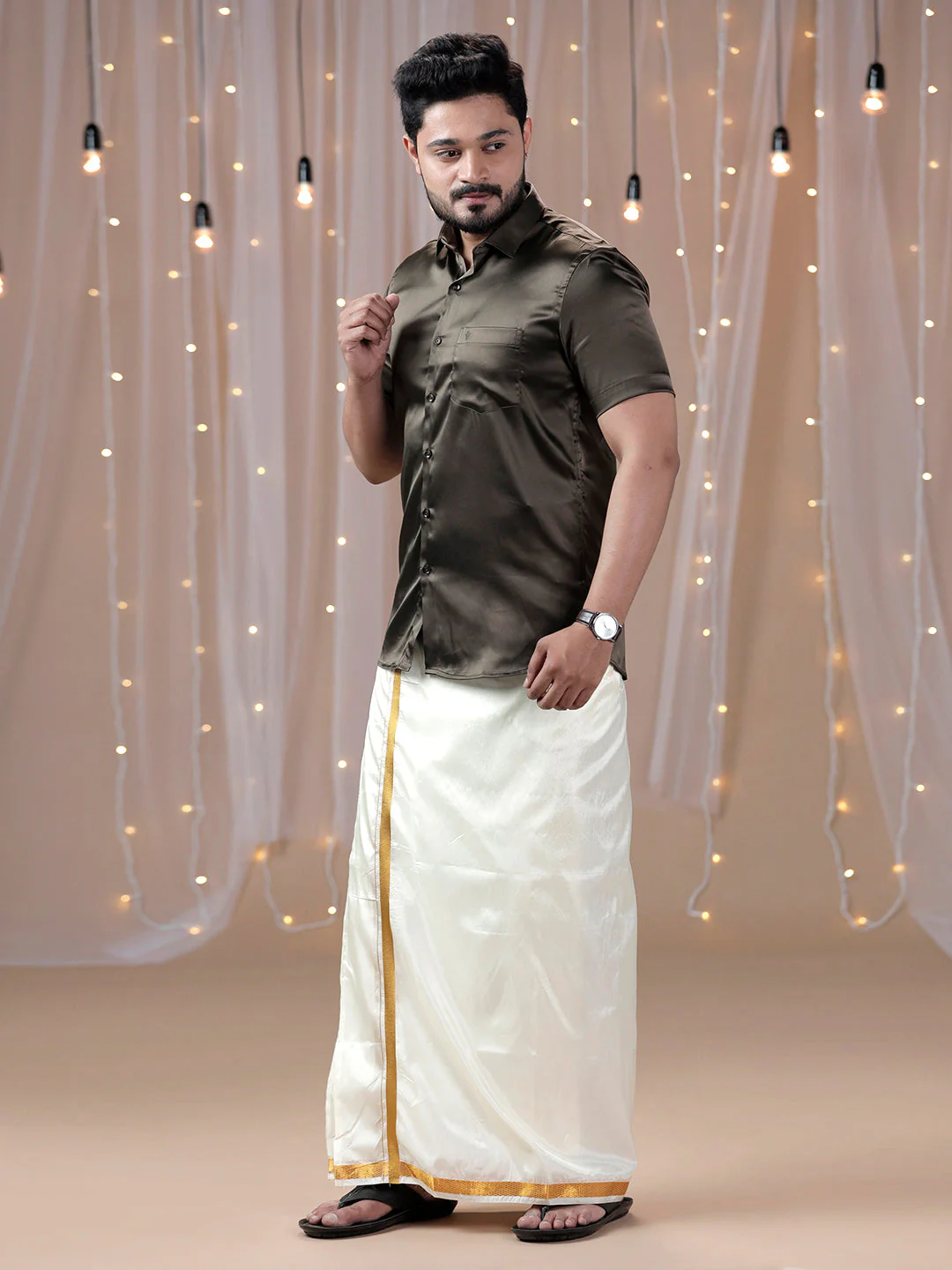 Men Grayish Brown Half Sleeves Shirt with Art Silk Double Layer Dhoti Combo PS10 - Image 4