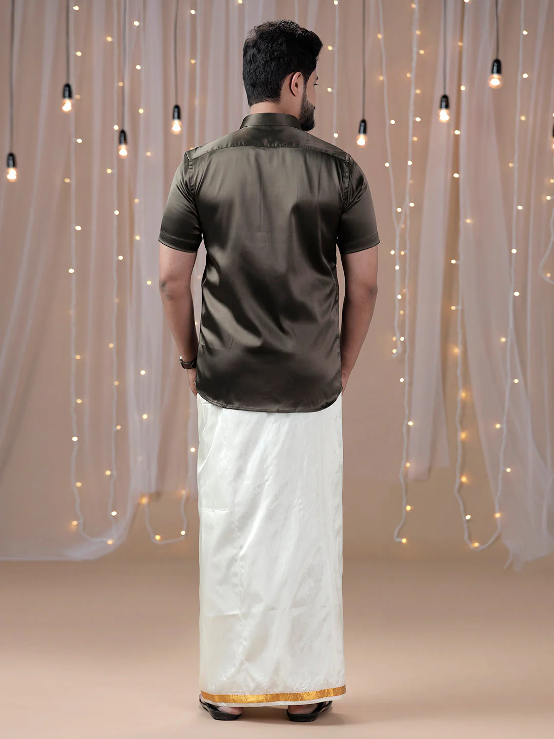 Men Grayish Brown Half Sleeves Shirt with Art Silk Double Layer Dhoti Combo PS10 - Image 5