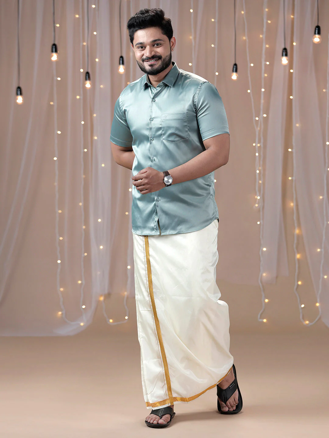 Men Grayish Green Half Sleeves Shirt with Art Silk Double Layer Dhoti Combo PS8 - Image 2