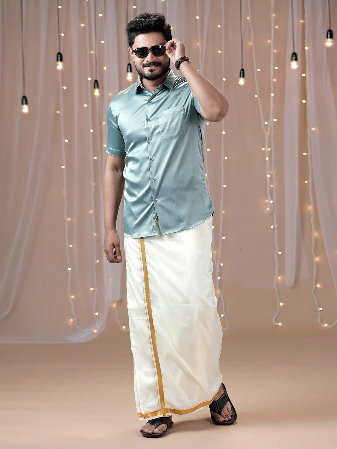 Men Grayish Green Half Sleeves Shirt with Art Silk Double Layer Dhoti Combo PS8 - Image 3