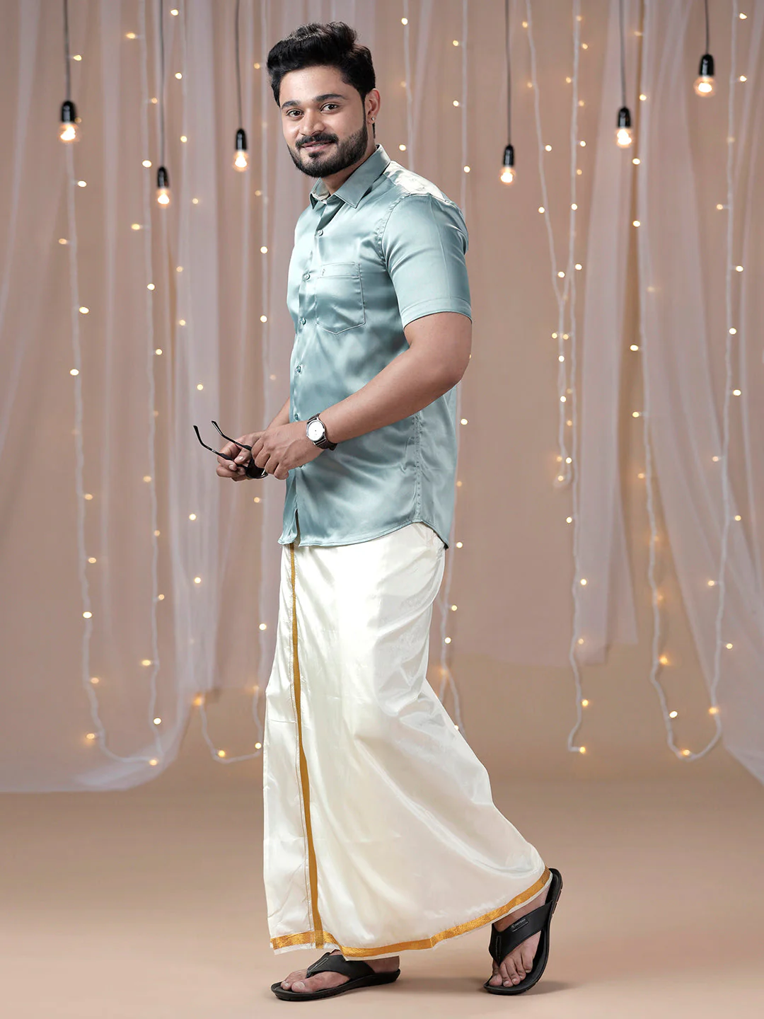 Men Grayish Green Half Sleeves Shirt with Art Silk Double Layer Dhoti Combo PS8 - Image 4